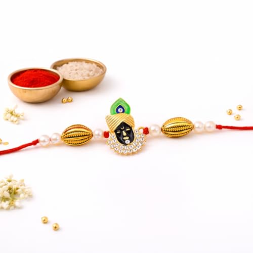 Image of JAIPUR ACE Elegant Designer Rakhi for Brother with Premium Beads and Traditional Motif, Raksha Bandhan Gift Set with Roli Chawal and Card,Stylish Festive Rakhi for Men and Boys (Krishna Rakhi)