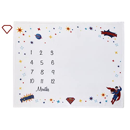 Image of Everything Kids Warner Brothers Superman White and Red Power, Icon, and Stars Milestone Baby Blanket