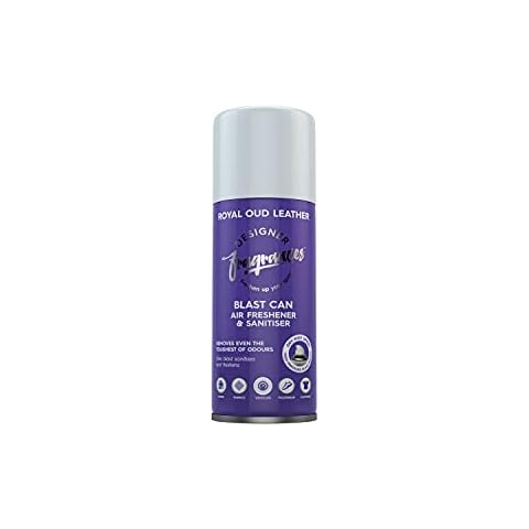 Designer Fragrances Royal Oud Leather Blast Can - Air Freshener & Sanitiser, Use in Cars, At Home, On Furniture & Shoes - Dry Mist Quick Release Spray - Deodorizes & Neutralises Smells - 400ml Cover