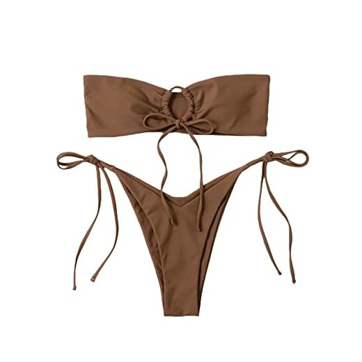SheIn Women's Strapless Bandeau Bikini Set High Cut Waist Tie Side Thong Swimsuit Bathing Suit Brown X-Small