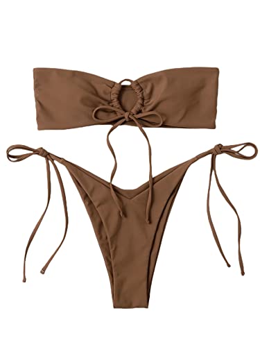 GORGLITTER Women's Strapless Bandeau Swimsuit High Cut String Thong Cheeky Bikini Set Bathing Suit