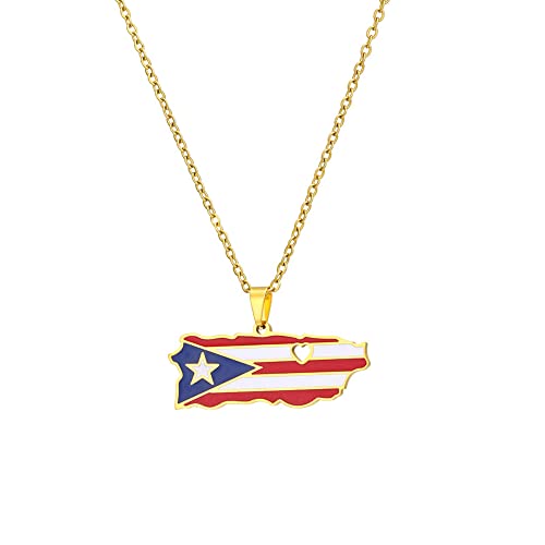18K Gold Plated/Stainless Steel Puerto Rico Heart Map Pendant Necklac for Unisex Country Jewelry