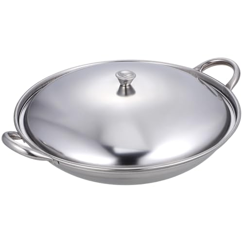 ABOOFAN Maceta paella wok con tapa wok de acero sartén de doble mango Horno sartenes antiadherentes sartén antiadherente olla de ramen coreano utensilios de cocina Acero inoxidable Silver