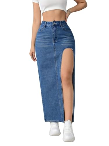 Image of GRECIILOOKS Women's High Waist Denim Skirt with Front Slit - Long Maxi Jean Skirt Casual Fashion - Stylish Denim Skirts for Women