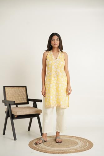 Image of GOODHAND Chic Cotton Halter Kurti with Timeless Block printsPerfect for Casual outings or Festive Flair-Where Traditional Charm Meets Modern Silhouette