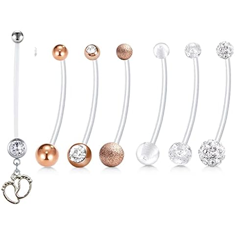 AceFun Pregnancy Belly Bars 7pcs Long Bar Sport Maternity Plastic Bioplast Silicone Flexible Navel Belly Ring Piercing Retainer for Pregnant Women Surgery Pink 38mm Cover
