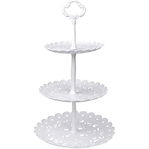Focenat 3 Tiers White Cake Display Stand, Reusable Plastic Dessert Stand, Round Cake Stand, Cupcake Fruit Dessert Party Server Plates Stands, Food Serving Platter Stand for Birthday Wedding Party (A) Cover