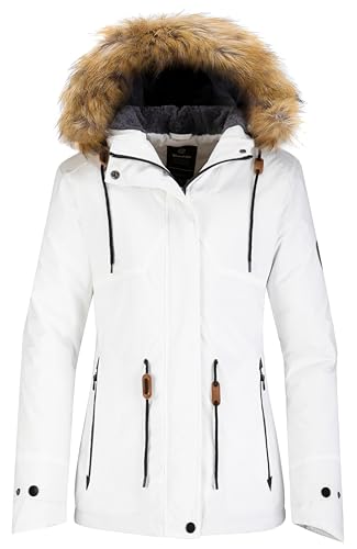 wantdo Women's Waterproof Ski Jacket Mountain Snowboarding Jacket with Detachable Hood Plus Size Winter Coat White 2XL