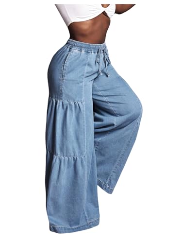 WDIRARA Women's Casual High Waisted Wide Leg Denim Pants Drawstring Baggy Jeans with Pockets