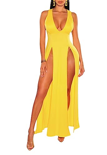 Image of Sexy Maxi Dress for Women Sleeveless High Split Deep V Neck Long Tank Dress