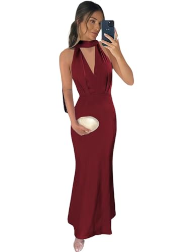 Satin Bridesmaid Dresses with Scarf Long Halter Mermaid Formal Dress for Women