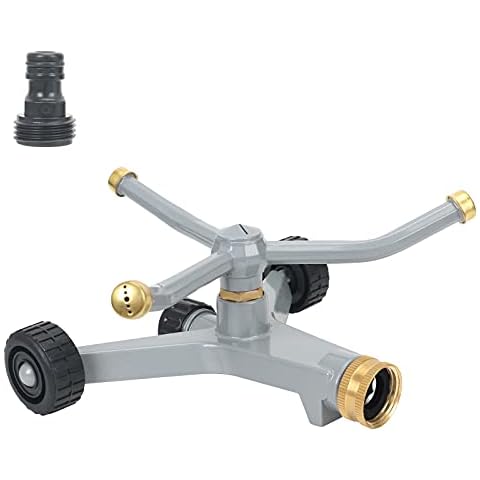 STYDDI Metal Rotating Water Sprinkler for Lawn, Heavy Duty Metal 3-Arms Whirling 360 Degree Automatic Rotary Lawn Sprinkler with Wheeled Base for Small Lawn and Garden, Yard, Cover up to 1,384 Sq. ft. Cover