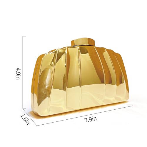 Image of Golden Metal Shell shape Clutch Evening Bag with Water Ripple Design, Solid Color with Buckle Closure, Chain Strap Messenger, Polyester Lining, Luxury Reflective Wave Pattern for Parties, Weddings