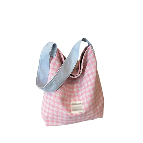 SVEETTOP Tote Bag Damen -Leinwand Eimerbeutel Kontrastfarbe Karierte Einzelschulter -Stoffbeutel-Rosa