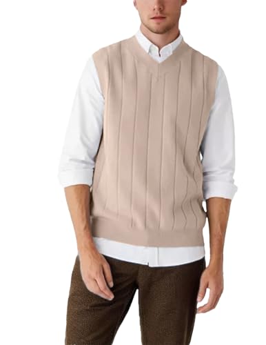 Men's V-Neck Striped Pullover Sweater Vest Stylish Classic Warm Business Casual Waistcoat Khaki