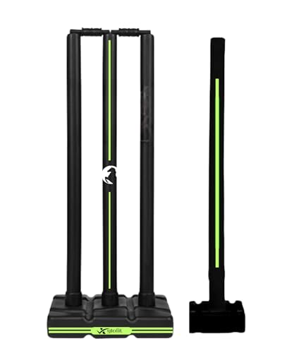 Image of Cricket Stumps | PVC Wickets Set with 4 Stumps + 2 Bails + 2 Stands | Full Size Wickets for Cricket Ground, Tournament Wicket | Stumps for Playing | Black with Neon Lines
