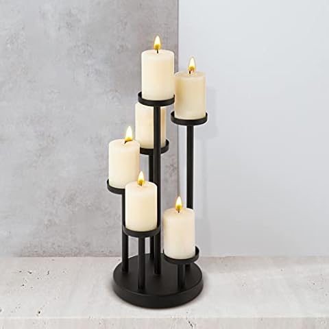 HUANGXIN 6 Head Candle Holders Black Decorative Candlestick Holder for Wedding Dinning Birthday Party Anniversary Farmhouse Led Taper Candles Stand Tealights Plate Cover