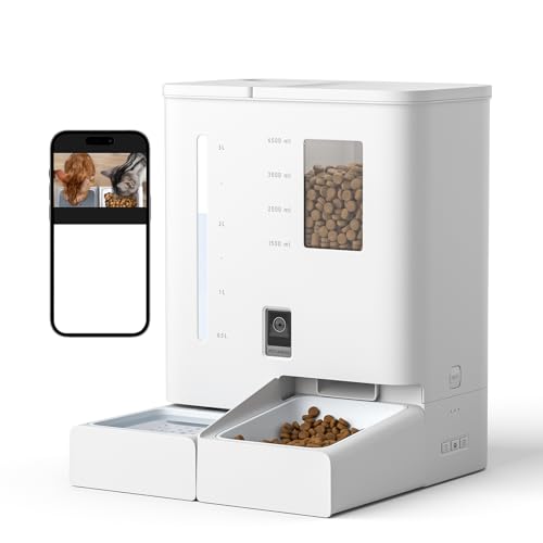 Tieker Tieker Alimentatore automatico per gatti con fotocamera, 2 in 1, WiFi Smart Pet Feeder, video HD 2K e visione notturna, dispenser di cibo e acqua di grande capacità per gatti programma di