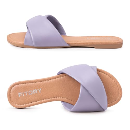 Image of FITORY Women's Flat Sandals Fashion Slides With Soft Leather Slippers for Summer Size 6-11
