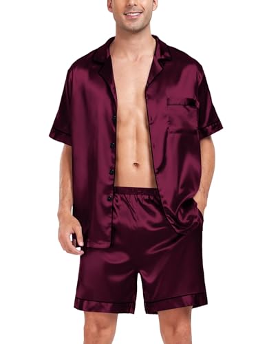 Image of SWOMOG Satin Matching Pajamas Sets Couple Silk Button Down Nightwear Women & Men Short Sleeve Sleepwear 2 Pieces Loungewear