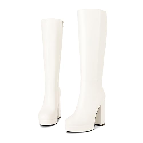 zhsrin White Platform Knee High Boots for Gogo Boots with Chunky Heel Round Toe Side Zipper Size 6.5 Tall Boot