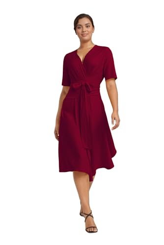 Image of Comfortable Dresses for Women Stretchy Flattering Fit Wrap Dress V Neck Short Sleeve Tie Waist Daily Wear Work Vacation