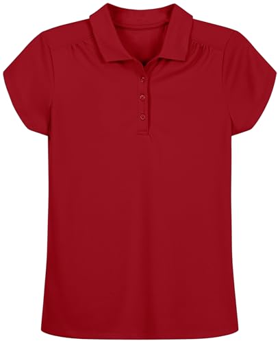 Nautica Girls' School Uniform Short Sleeve Polo Shirt, Button Closure, Moisture Wicking Performance Material, Shirring Detail