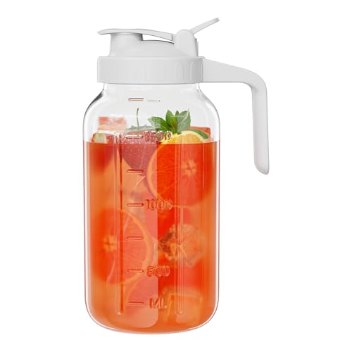 Image of Glass Mason Jar Pitcher, 64 oz Wide Mouth Jug with Pour Spout Handle Lid for Cold Brew Coffee, Ice Beverage, Iced Juice, Lemonade, Sun Tea, Fruit Drinks Container（White）