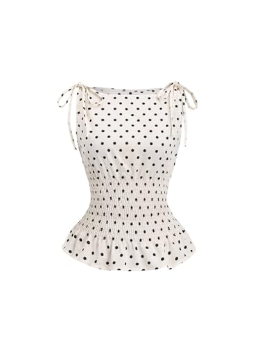 GORGLITTER Women's Polka Dots Boat Neck Tank Top Ruffle Tie Shoulder Smocked Going Out Y2k VestTops