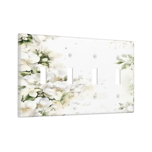 Decorative Switch Plate Covers Rustic Ink Green Leaves White Florals Flower 4 Gang Light Switch Cover Plate Quad Toggle Wall Plate Light Switch Covers for Bedroom Home Decor
