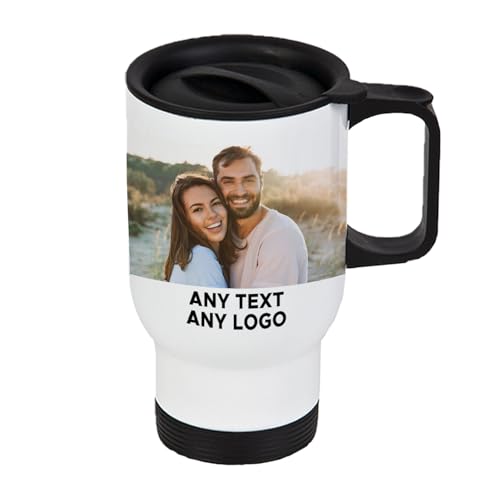 Personalised Travel Mug White 14oz with Handle & Lid Custom Stainless Steel Coffee Mug with Photo Text or Logo Reusable Insulated Mug for Hot Drinks Gift for Mum Dad Friend & Colleague