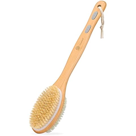 FREATECH Bath Shower Brush Back Scrubber - 44cm Long Wooden Handle Double-sided Back Brush Body Exfoliator, Soft and Stiff Bristles for Wet or Dry Brushing, Cellulite Removal and Lymphatic Drainage Cover