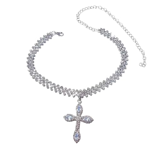 Silver cross Cuban Link Chain Necklace for Women ，hinestone cross pendant necklace and silver religious necklace