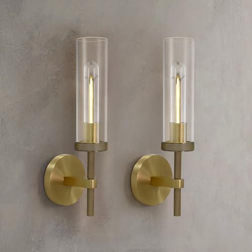 Joyunleo Knurled Wall Sconces Set of Two, Brass Wall Sconce Lights, 14' Gold Bathroom Wall Sconces...
