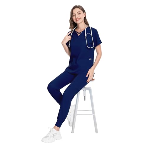 Image of VIAOLI Scrubs for Women Set Modern V-Neck Top & 8 Pocket Jogger Pants Nursing Uniform Solid Stretch Workwear