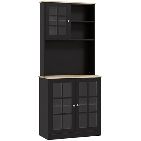HOMCOM Kitchen Pantry Cabinet, 72" Freestanding Storage Cabinet with Hutch, Large Countertop, Glass Doors and Adjustable Shelves, Microwave Cabinet, Coffee Bar Cabinet for Dining Room, Black Cover