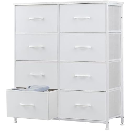 DUMOS Dresser for Bedroom with 8 Fabric Drawers, Tall Chest Organizer Units for Clothing, Closet, Kidsroom, Storage Tower with Cabinet, Metal Frame, Wooden Top, Lightweight Nursery Furniture, White