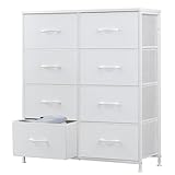 DUMOS Dresser for Bedroom with 8 Fabric Drawers, Tall Chest Organizer Units for Clothing, Closet, Kidsroom, Storage Tower with Cabinet, Metal Frame, Wooden Top, Lightweight Nursery Furniture, White
