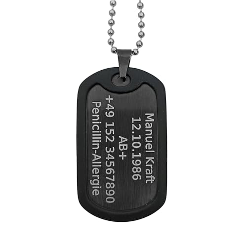 Dog Tag Personalisiert – Erkennungsmarke Edelstahl – Schwarz Kette Mit Namen – Gravur – Personalisierte Kette Herren – Militär Geschenke – 2 Mm Dick – Gravur...