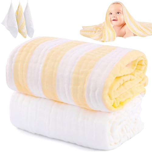 Image of HardNok Muslin Baby Bath Towel Set - 100% Organic Cotton 5-Piece Set (2 Large Towels & 3 Washcloths), 6 Layer Super Soft Absorbent Gauze for Newborns (Yellow Stripe)