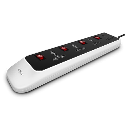Image of Wipro North West 4+4 Extension Board | 4 Sockets with Individual Switches | Spike Guard with Auto Cutoff | 2 Meter Long Cord | Child Safety Shutters | Fire Resistant Power Strip for Home & Office