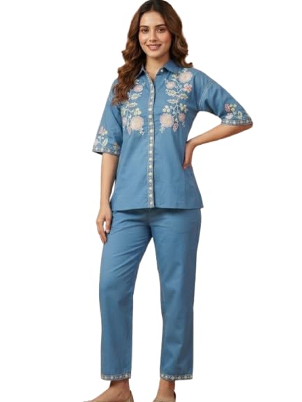 Women's Blue Floral Embroidered Cotton Blend Shirt & Straight pant-image-23