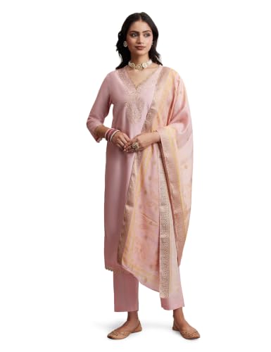 Image of Amazon Brand - Myx Women's V Neck Embroidered Kurta Set With Dupatta | Salwar Suit Set (Available In Plus Sizes)