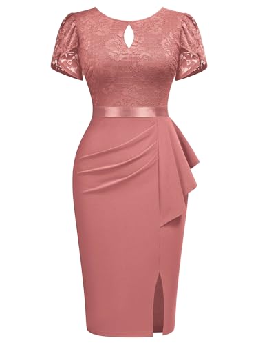 Image of Miusol Women's Elegant Scoop Neck Puff Sleeve Floral Lace Ruffle Style Cocktail Party Dress
