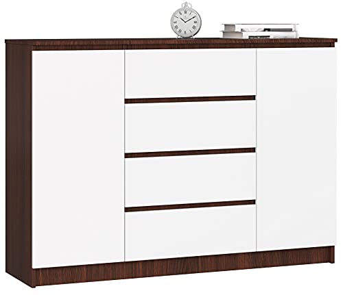 AKORD Commode K 140 cm 4 Tiroirs et 2 Portes pour Le Salon| Chambre | Bureau Salon Design Moderne Fonctionnel Panneau Stratifié | Couleur Wengé/Blanc