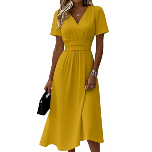 Vestido Mujer Verano 2026 - Vestido Corto Vuelo V Cuello Ladies, Elegante y Cómodo para Playa, Fiesta o Diario - Ropa Mujer Verano en Colores Sólidos(1-Amarillo,3XL)