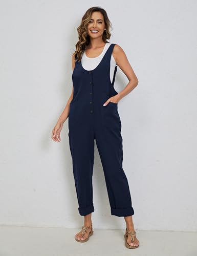 Image of Yeokou Womens Overalls Linen Cotton Jumpsuits Loose Casual Jumpers with Pockets