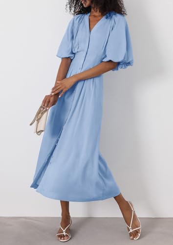 Image of chouyatou Women Summer Puff Sleeve Button Down Shirt Dress Flowy Elegant Business Casual Midi Long Dress