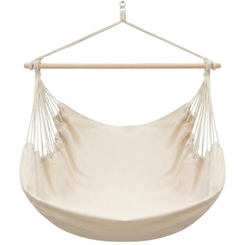 AMANKA XXL Hängesessel Beige 185x130 cm belastbar bis 150kg – Hängestuhl ideal zum Lesen & Entspannen – Hängesitz aus Baumwolle für Drinnen und Draussen ohne Gestell- Schwebesessel für 2 1
