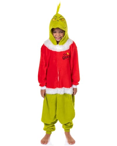 Dr. Seuss The Grinch Union Suit Big Kids Santa Claus Costume Kigurumi One Piece Hooded Pajama (8) Green